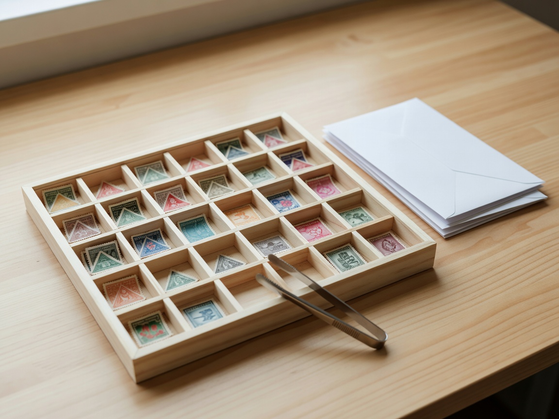 Beginner stamp sorting tray with tongs, envelopes and small labelled groups of stamps
