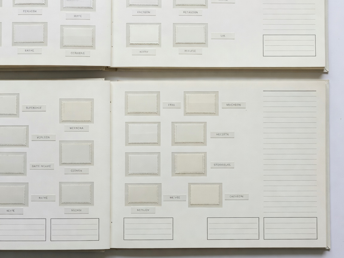 Organised stamp album pages with neat labels, mounts and reference notes