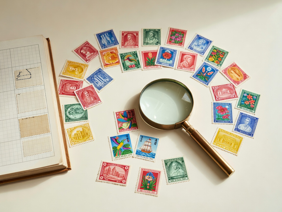 Open stamp album with a magnifying glass and loose colourful stamps arranged on cream paper