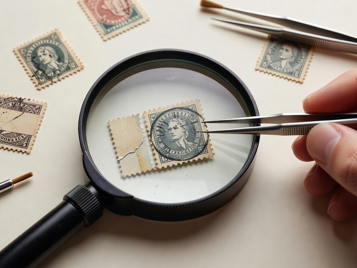 Magnifier examining stamp perforations, gum and cancellation details on a cream work surface