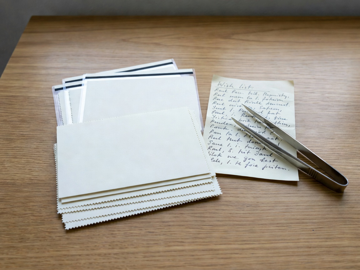 Stamp stock cards prepared for swapping with a handwritten wish list and tongs