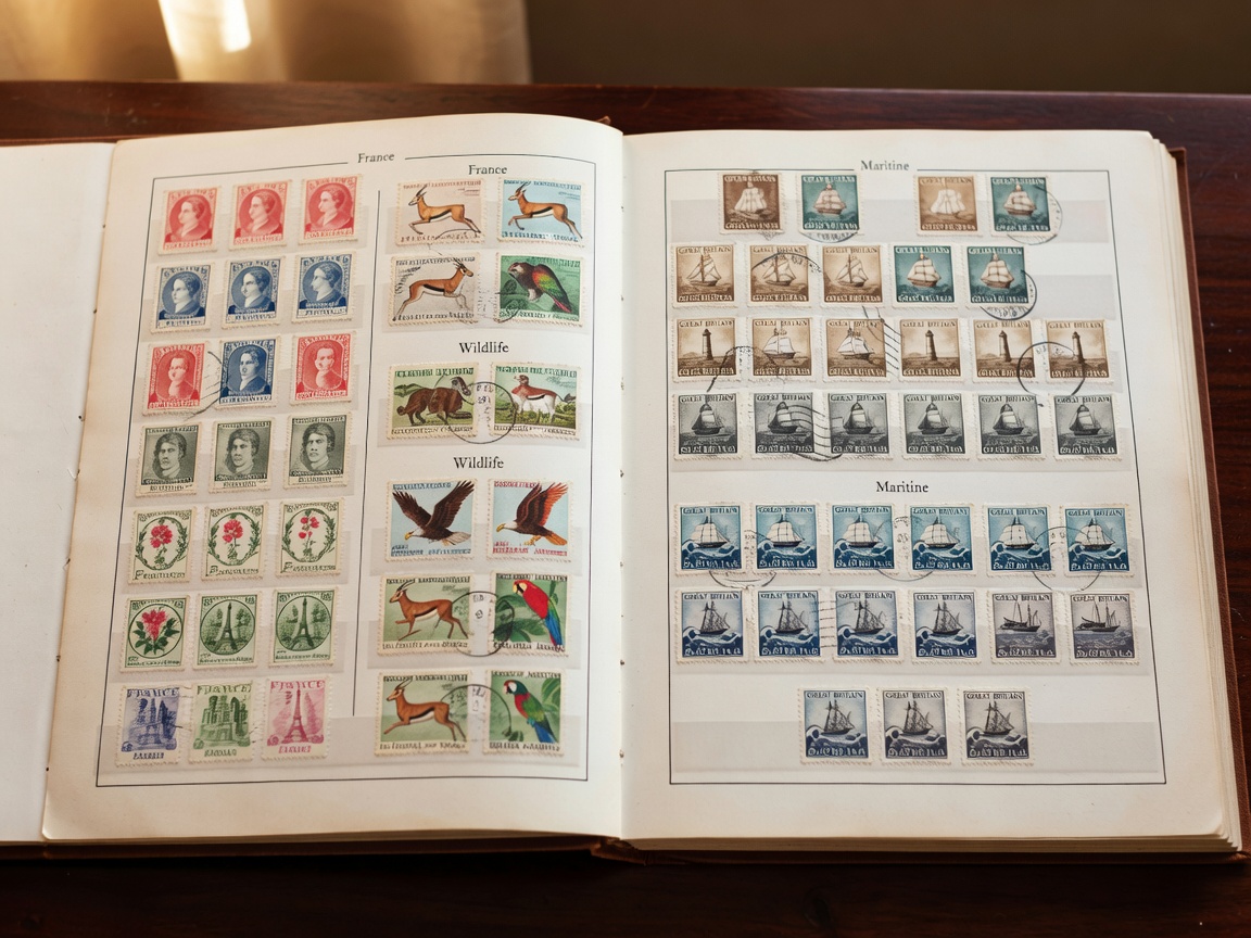 Stamps grouped by country, theme and cancellation on labelled album sheets
